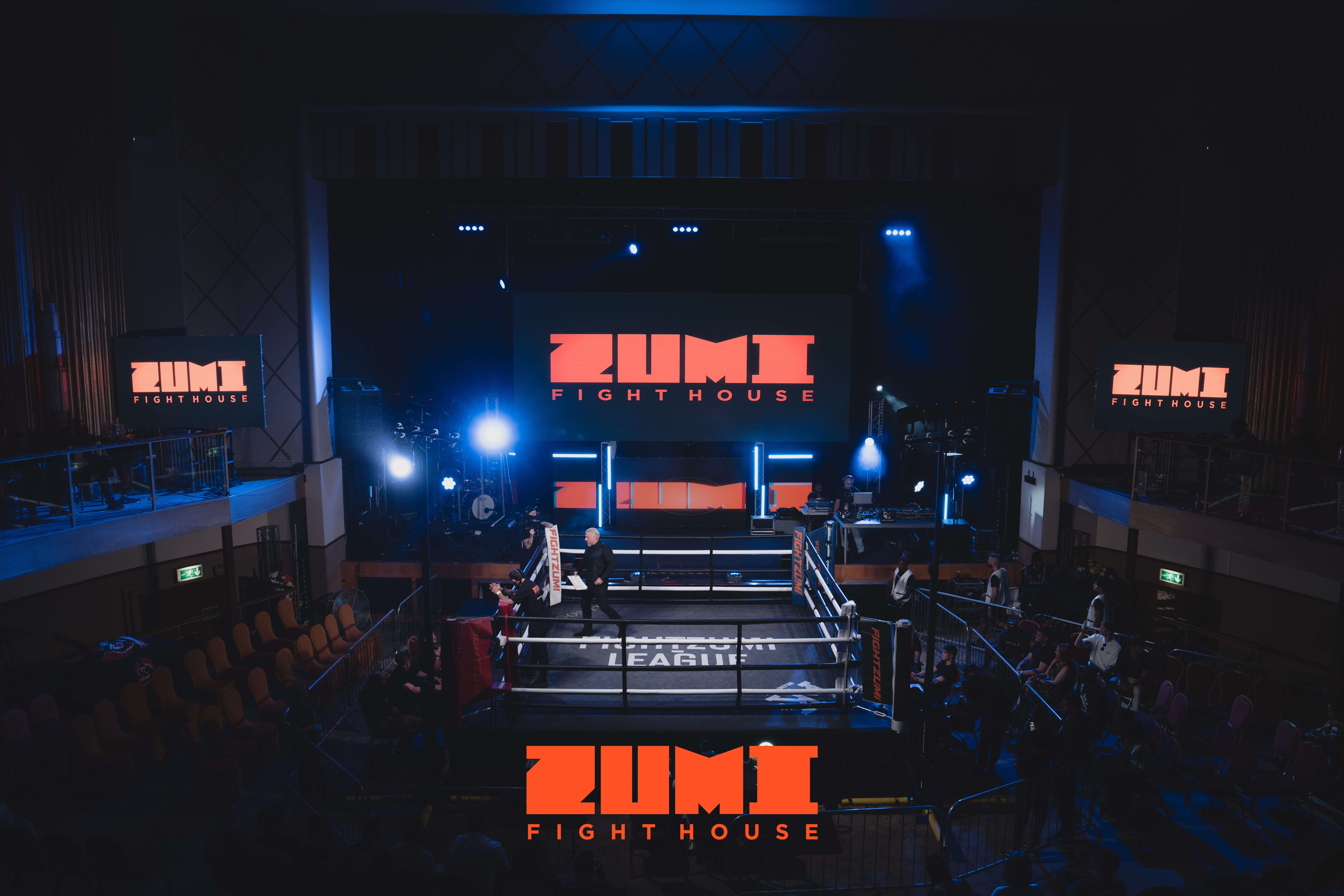 Zumi Fight House ring and stage set ahead of a live event